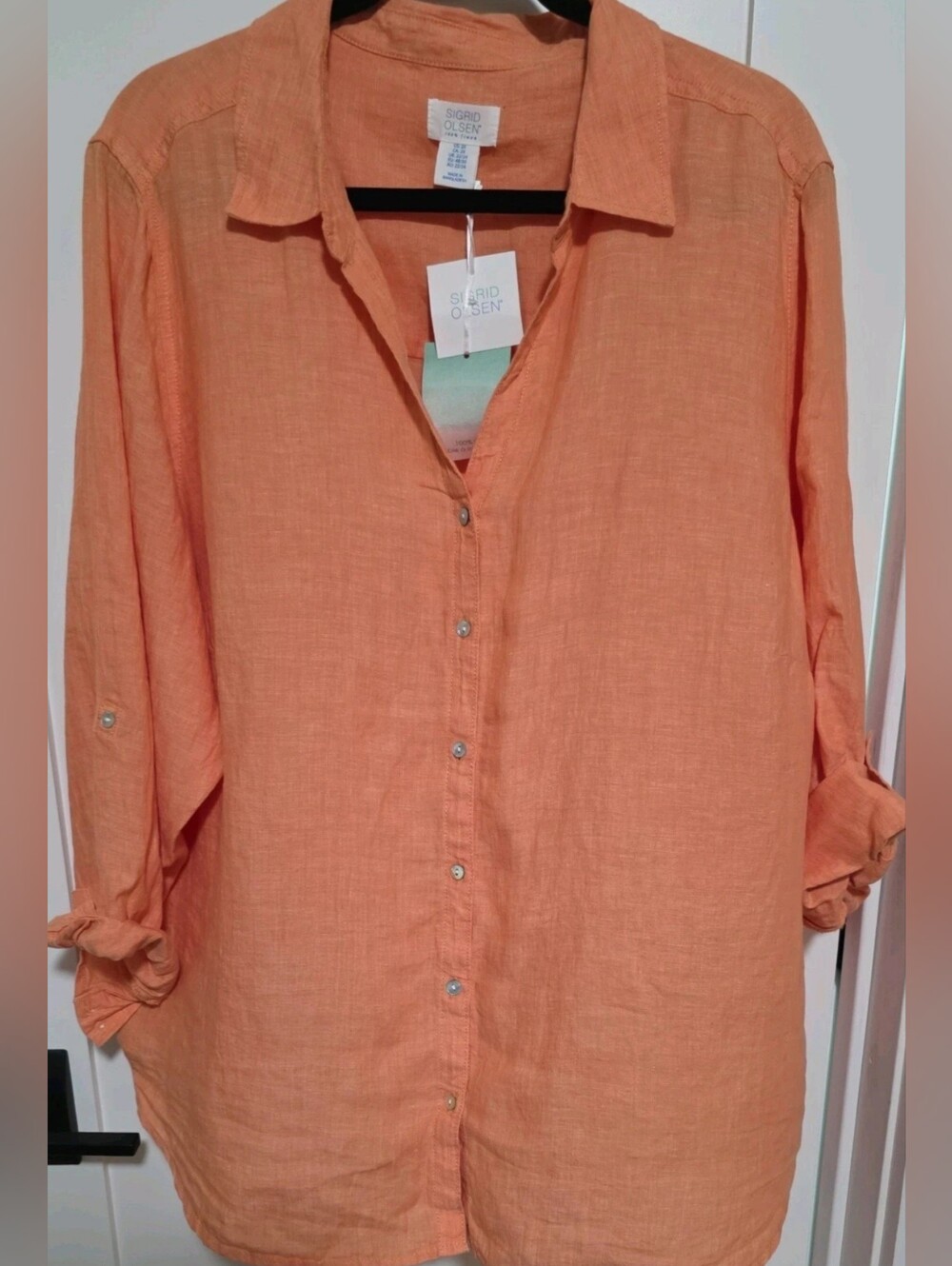 Sigrid Olsen Coral 100% Linen Button-Front Shirt NWT 2X